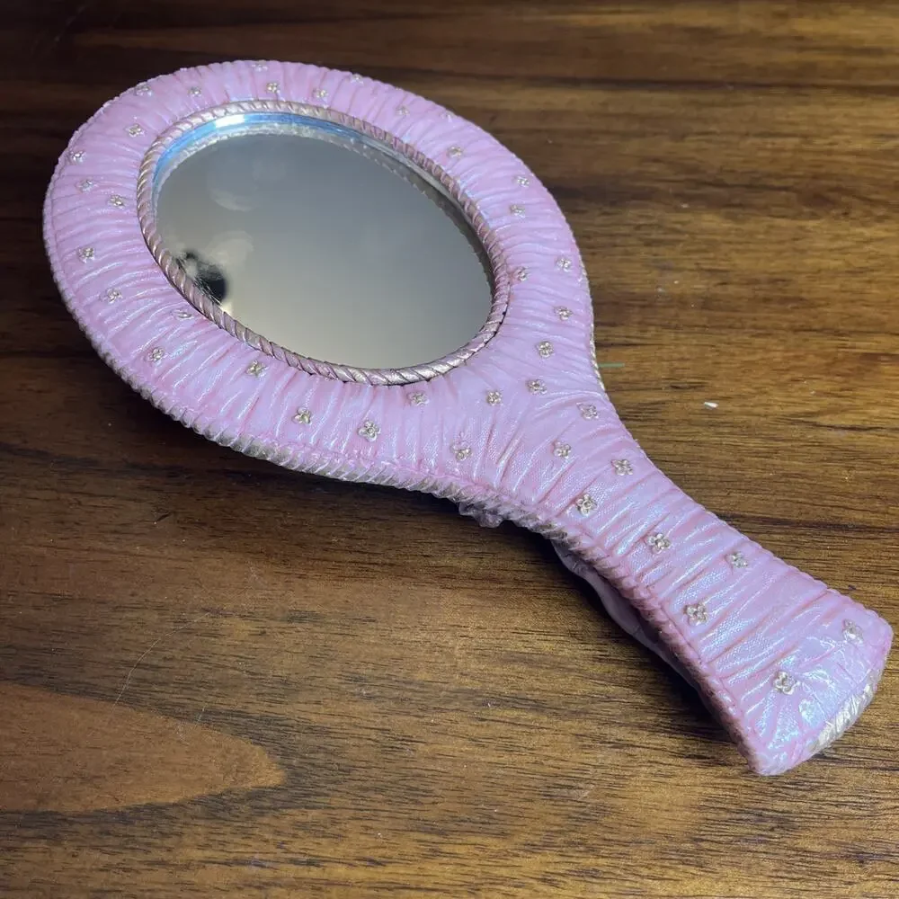 Ornate Pink Floral Handheld Vanity Mirror W/ Roses & Bow, Cottage Glam Whimsy